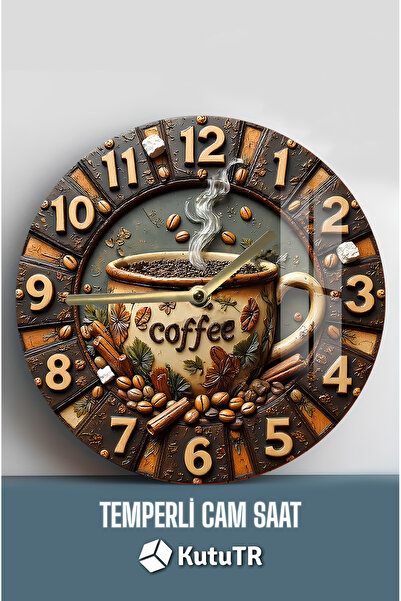kutuTR Kahve Tutkunlarına Özel 3D Görünümlü Temperli Cam Saat – 33 cm CSDW329