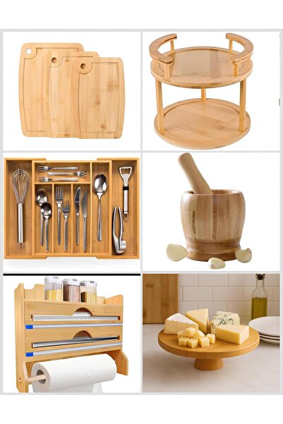 MİS KİTCHEN Bamboo Kitchen Utensil Set 6 Piece Spoon Rest, Cutting Board - Sp...