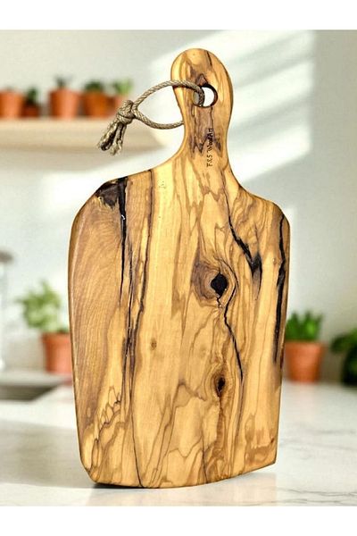 F&S WoodArt 38 X 18 cm Natural Olive Tree Unattached One Piece Handmade Cutting Presentation Board with Handle