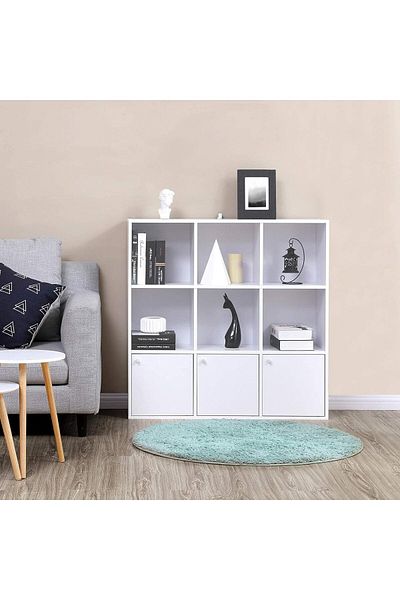 VASAGLE Biblioteca din lemn, cu 9 cuburi, 3 dulapuri inferioare, 98x98x29cm, alb