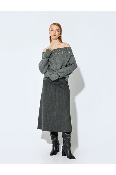 Koton Gray Women's Striped Midi Skirt