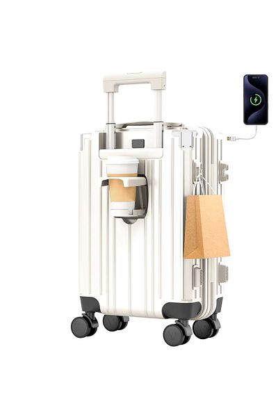 Quasar & Co. Medium trolley 66x45x26cm, checked luggage, trolley with lock, 4-wheel suitcase, ABS suitcase, cup holder, white