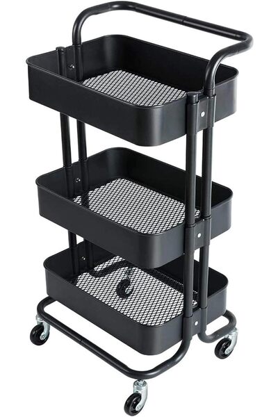 awwaline Raft metalic multifuncțional cu 3 niveluri, awwaline, negru, pe roți, mâner, 44 cm x 36 cm x 82 cm