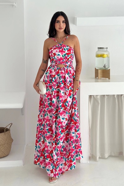 AsprinFashion فستان من قماش الكريب المستورد منقوش برباط على الرقبة