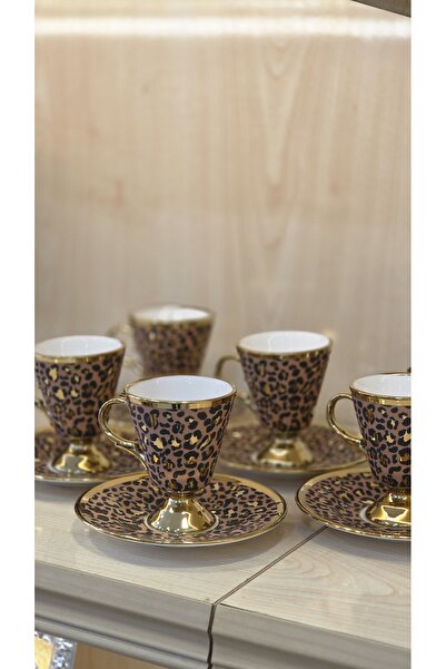 KANOVA Leopar Desenli Ayaklı Fincan Takımı 6 Kişilik 12 Parça