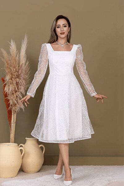 BEYBOS Tül Simli Kumaş Kare Yaka Midi Abiye Elbise - BEYAZ