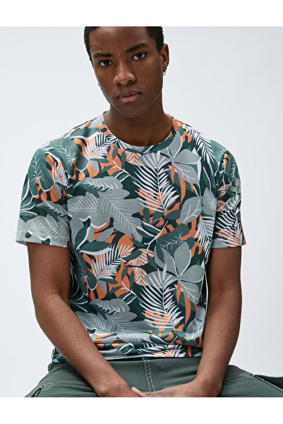 Koton Leaf Printed T-Shirt Crew Neck Slim Fit Short Sleeve