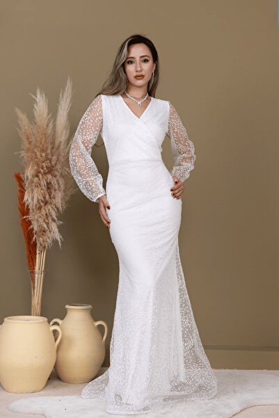 BEYBOS Simli Tül Kumaş Kruvaze Yaka Balık Elbise - BEYAZ