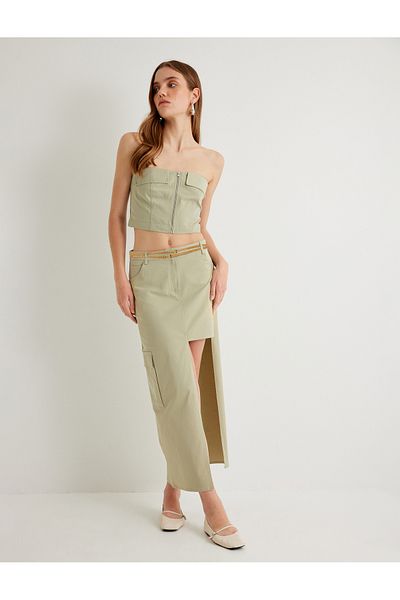 Koton Khaki Women's Asymmetric Midi Skirt