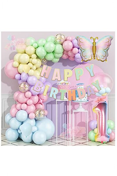 BİDOLUMUTLULUK Kelebek Folyo Balonlu Makaron Doğum Günü Seti Tüm Yaşlar Parti...