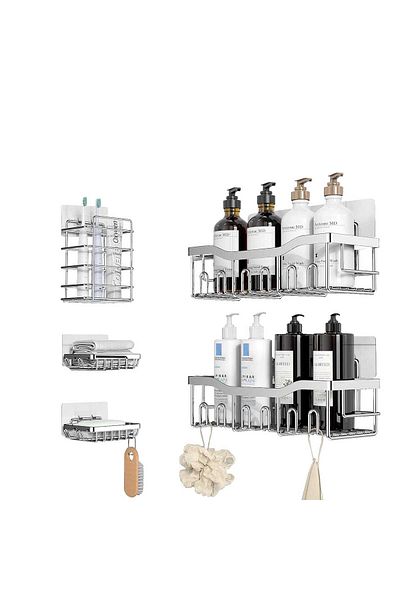 Elindor Shower Shelf and Bathroom Organizer, Set of 5, Stainless Steel, Adhesive, No Holes, Silver