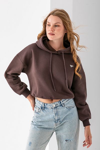 GİYSA Women's Hooded Fashion Accessory 3-Strand Crop Sweatshirt Brown - 2667