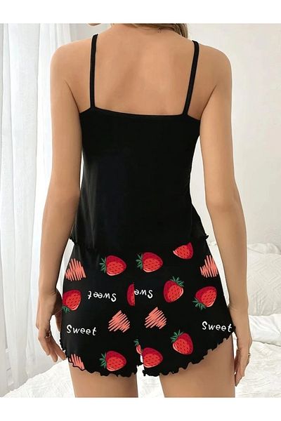 HUBANN Strawberry Printed Suspender Shorts Pajama Set