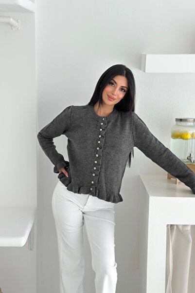 FEMELLE Anthracite Button Ruffle Detail Soft Texture Standard Size Knitwear Cardigan Long Sleeve Knitted Knitwear Cardigan