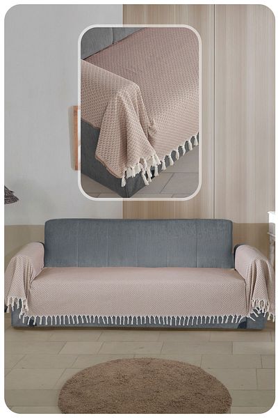 LADYNİL Seat Cover 115X300Cm-Beige–Oversize Sofa Bed and Sofa Covering the Seat and Arms with Fringes