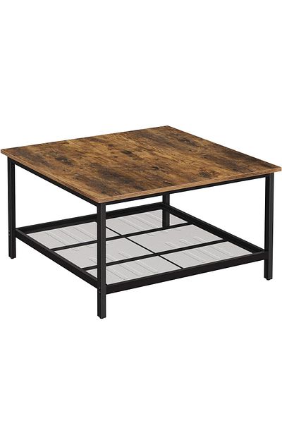 VASAGLE Masa de cafea patrata, cadru otel si polita de depozitare, stil industrial, 80x80x45cm, maro