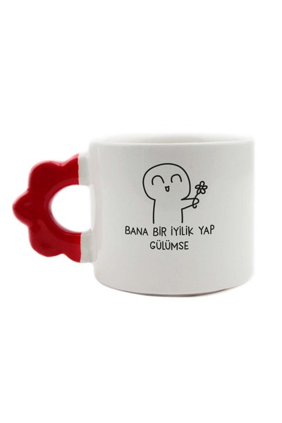 PALTO TASARIM Do Me a Favor Smile Handmade Cream Shiny Flower Handle Mug - Handcrafted Gift Mug in a Mug