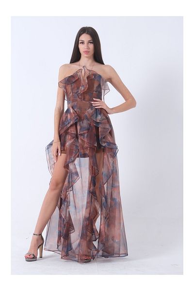 WeekJack Women's Brown Ruffle Tulle Chiffon Evening Dress 5010802000