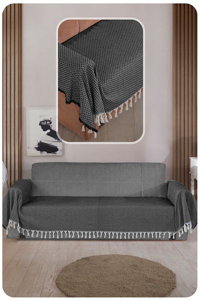 LADYNİL Seat Cover 115X300Cm-Black–King Size Sofa Bed and Sofa Covering the Seat and Arms with Fringes