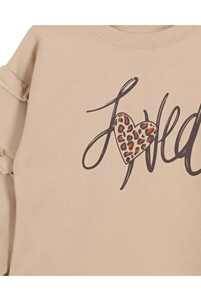 Ege Bebek Stylish Girl's Set with Leopard Patterned Ribbed Leggings and Sweatshirt with Ruffle Detail on the Shoulders