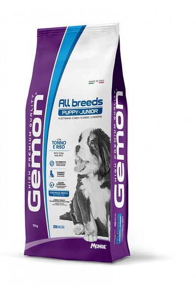 Monge Gemon Puppy & Junior All Breeds - Complete Dry Food - Tuna and Rice - 15kg