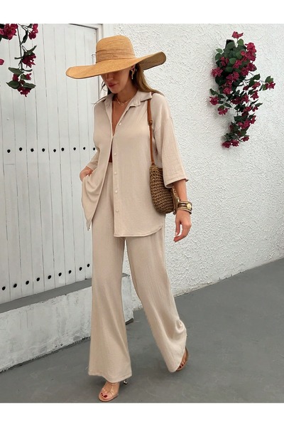 onlymoon tekstil Women's Wear Wrinkle Fabric Shirt-Pants Two-Piece Suit Suitable for Tesetture
