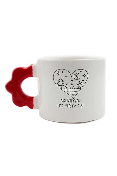 PALTO TASARIM When Together Every Place Is Like Home Handmade Cream Shiny Flower Handle Mug - Handcrafted Gift Mug Bard