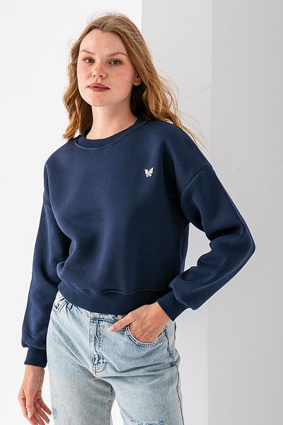 GİYSA Women's Crew Neck Butterfly Accessory 3-Strand Crop Sweatshirt Navy Blue - 2670