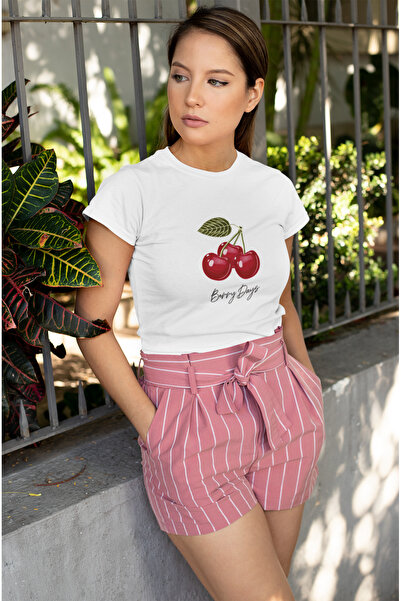 Butik Berry Dayss Cherry Printed / Women's Multicolor T-Shirt 100% Cotton Reg...