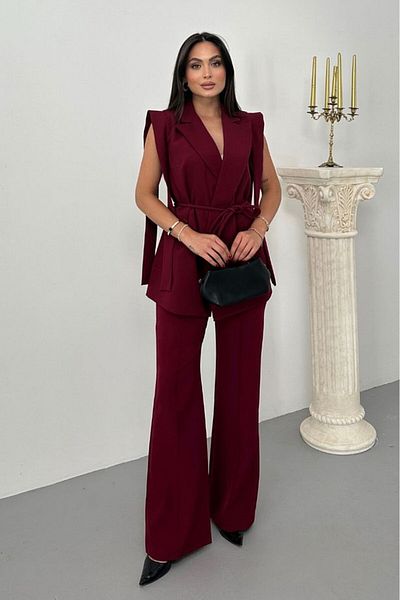 GALAVİP Women's Top and Bottom Double Suit Shoulder Detailed Belted Vest Pants Suit