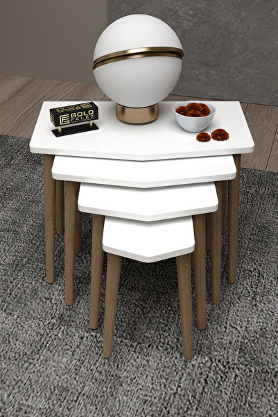 GOLDFALEZ Zigon Sehpa 4'lü Ahşap Ayak Elya Yan Sehpa Orta Sehpa Beyaz