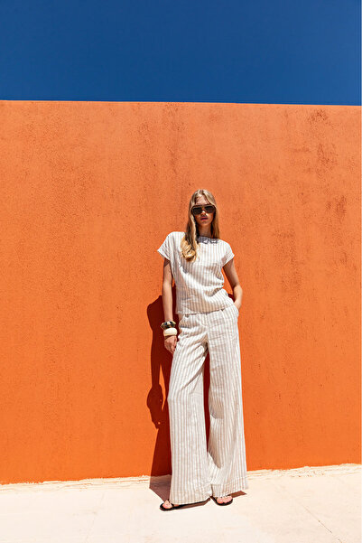 KAMEYA Striped Wide Leg Ecru Trousers