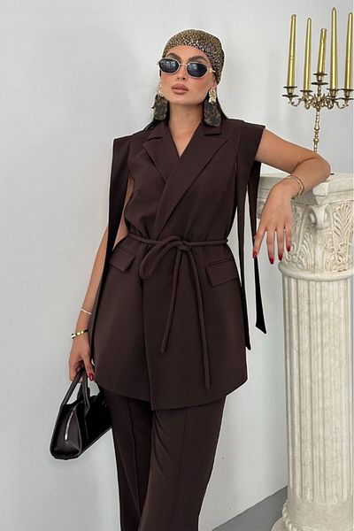 GALAVİP Women's Top and Bottom Double Suit Shoulder Detailed Belted Vest Pants Suit
