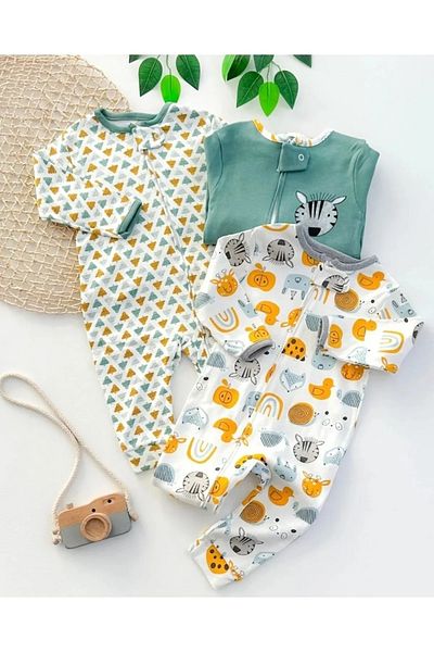 ENİA BABY Figured 100% Cotton Zippered Unisex 3-Piece Baby Sleeping Bag Set. 9-12-18 Months