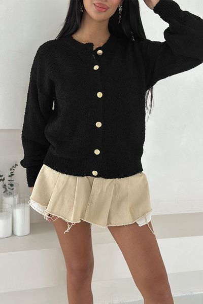 FEMELLE Black Gold Button Detailed Knitwear Cardigan Standard Size Soft Texture