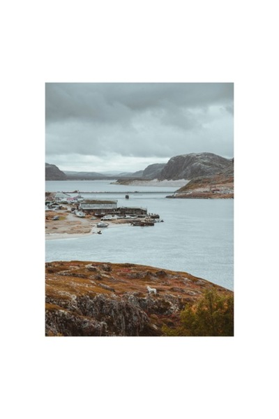 OEM Pictură pe pânză, „Peisaj nordic cu fiord și sat”, 50 x 50 cm