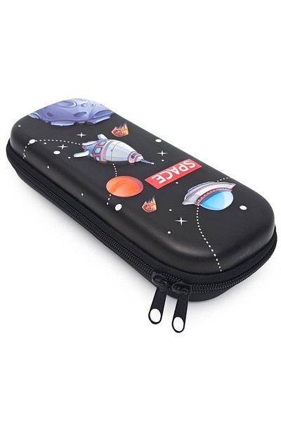 DNS Boys' school pencil case, with 1 compartment 1 zipper, unequipped, 3D Space Planets, black 6244