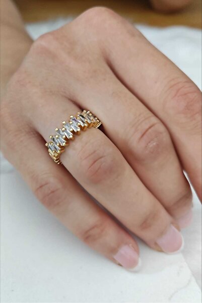 KYOLA DESİGN Baget Taş Zigzag Sıralı Gold Ayarlanabilir Kadın Yüzük