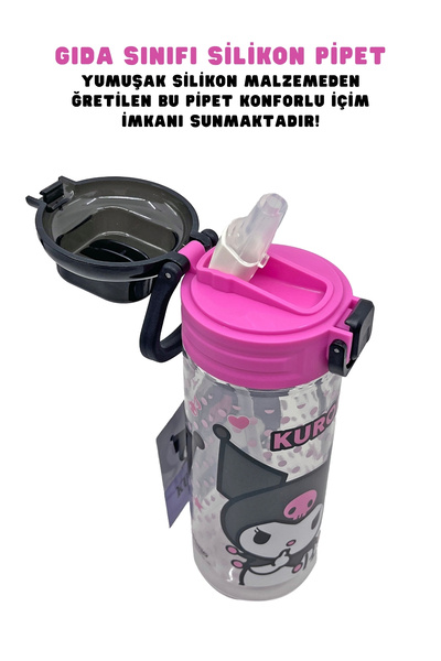 WİGGLE 500ml Kuromi Licensed Soft Silicone Lockable Water Bottle with Straw and Handle