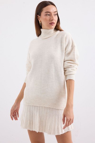Merterium Women's Sweater Skirt Knitwear Double Set Ecru 1091