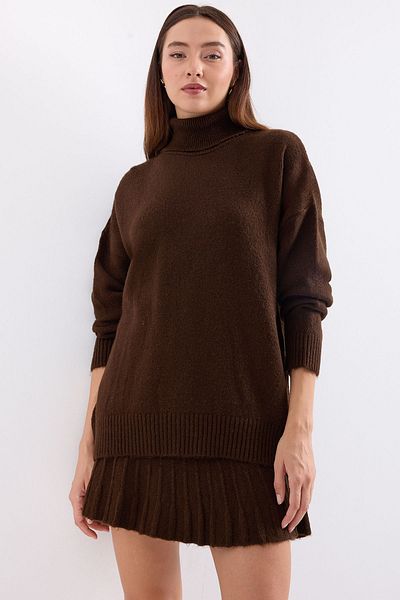 Merterium Women's Sweater Skirt Knitwear Double Set Brown 1091