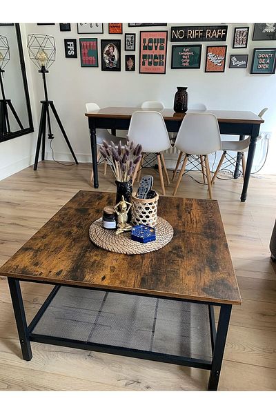 VASAGLE Masa de cafea patrata, cadru otel si polita de depozitare, stil industrial, 80x80x45cm, maro