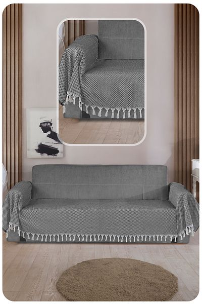 LADYNİL Seat Cover 115X300Cm-Anthracite–King Size Sofa Bed and Sofa Covering the Seat and Arms with Fringes