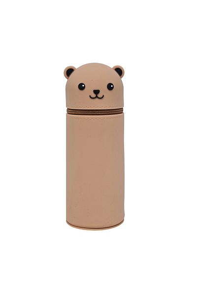 DNS Silicone school pencil case for boys, cylindrical with 1 compartment 1 zipper, brown Panda QS-2011