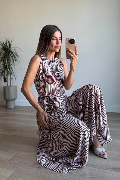 Sue Store Bordo Ekru Geometrik Desenli Bol Paça Kuşaklı Tulum