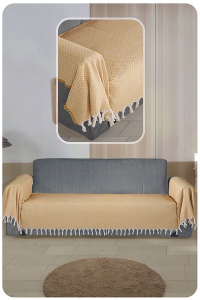 LADYNİL Seat Cover 115X300Cm-Hardal–Oversize Sofa Bed and Sofa Covering Seat and Arms with Fringe