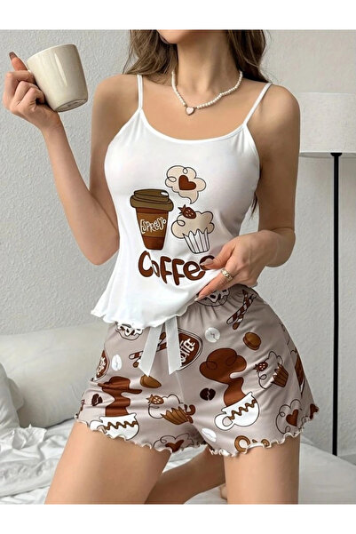 HUBANN طقم بيجامة قهوة اسبريسو منقوش مع شورت بحزام