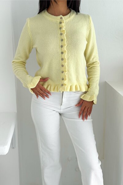 FEMELLE Yellow Button Ruffle Detail Soft Textured Standard Size Knitwear Cardigan - Long Sleeve Knit Knitwear Cardigan