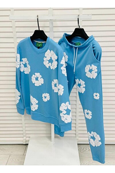 Afri Blue Color Floral Pattern Oversize 3 Thread Men's Tracksuit Set - 100% Cotton
