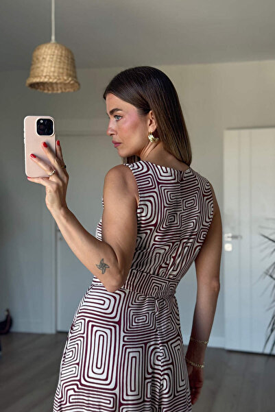 Sue Store Bordo Ekru Geometrik Desenli Bol Paça Kuşaklı Tulum